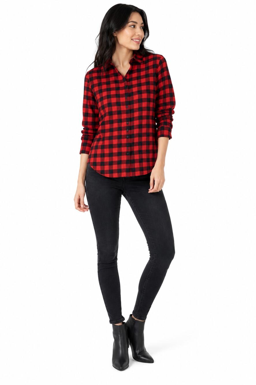 LR4216 Red Black Buffalo Plaid Button Front Flannel Shirt Medium Long Sleeve